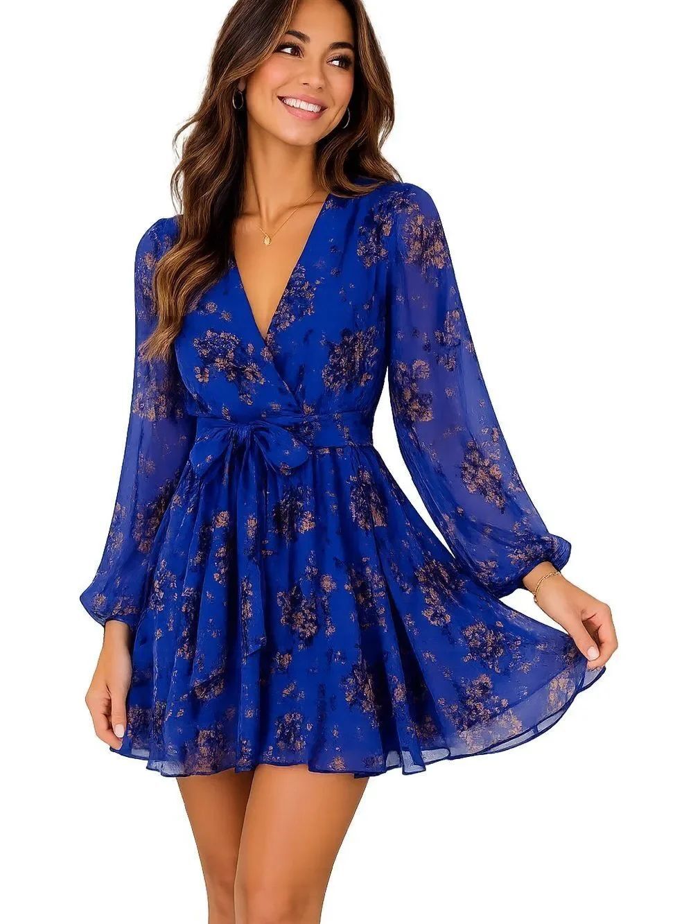 Free People Blue Floral Chiffon Bell Sleeve Wrap Mini Dress XS Petite 💙✨